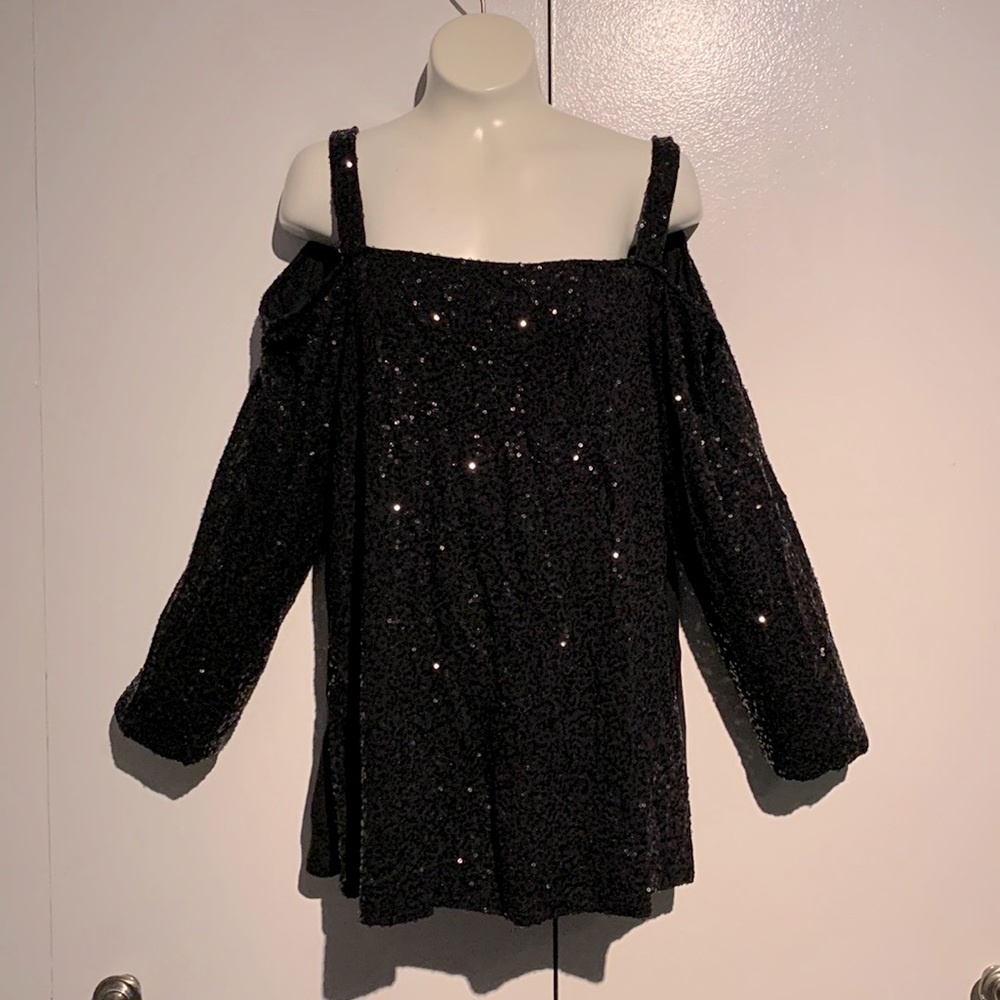 INC International Concepts Black Sequin Cold Shoulder Long Sleeve Top Size L